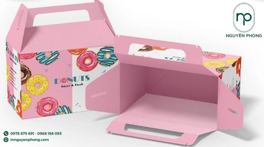 Mẫu hộp đựng bánh donut thiết kế tay cầm